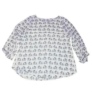 41 Hawthorn Top Womens Medium Gray Ivory Elephant Print Long Sleeve Boho Artsy